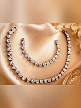 New Crystal Heart Tennis Necklace And Bracelet Set-Clear Austrian Crystal Silver
